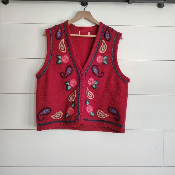 Vtg Wool Blend Embroidered Cottagecore Paisley Grandma Boho Country Vest SMALL - Picture 1 of 5